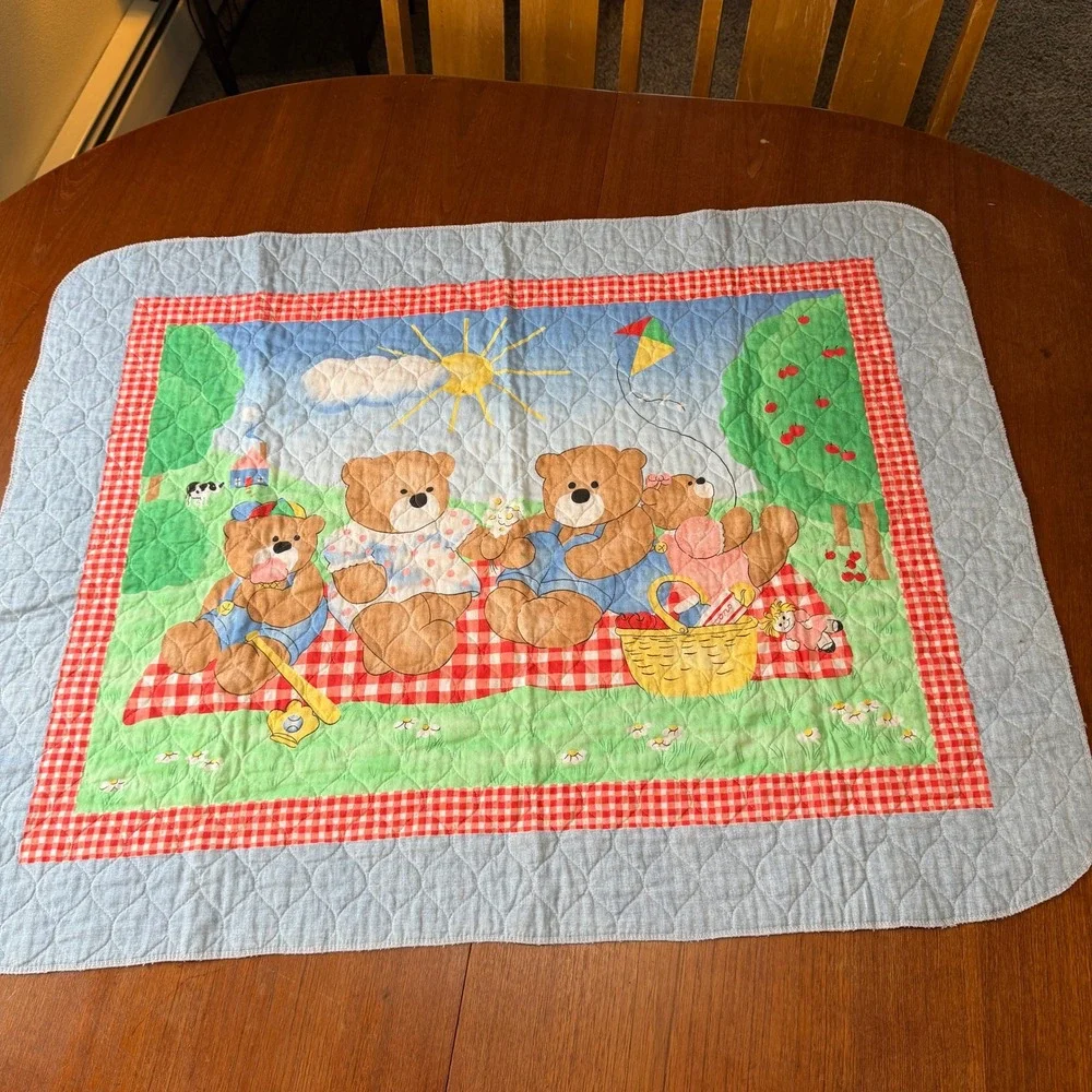 Vintage Teddy Bear Picnic Quilted Baby Blanket Red Gingham Cottagecore Retro